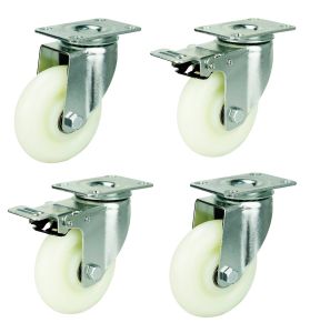 100mm White Polypropylene Castors (Set of 4) 75x45 Bolt Centres (90kg)