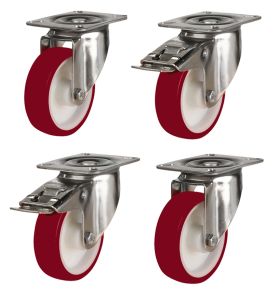 80mm Stainless Steel Swivel & Braked Castors with Non-Marking Maroon Polyurethane/Nylon Wheel Set of 4 (300Kg per Set)