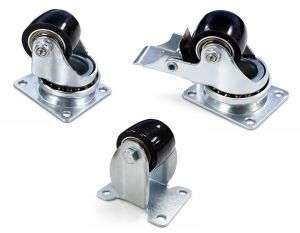 Heavy Duty Swivel, Brake & Fixed 35mm Black Polyurethane Wheel Plate Fit (LOW LEVEL)