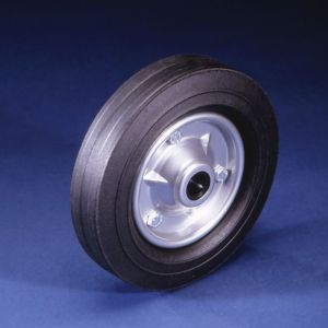 200mm Silver Steel Centre, Rubber Tyre Trolley Wheel 1" (25.4mm) Roller Bearing Bore - 250Kg