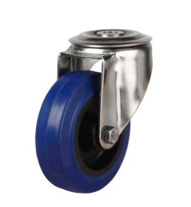 125mm Stainless Steel Swivel & Braked Castor with Blue Elastic Rubber/Nylon Wheel Single Bolt Hole Fitting