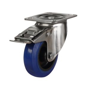 200mm Stainless Steel Swivel, Fixed & Braked Castor with Blue Elastic Rubber/Nylon Wheel (400Kg)