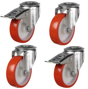 80mm Red Polyurethane Single Bolt Hole Fitting Castors (Set of 4)