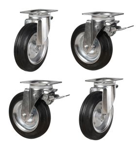 200mm Rubber Tyre/Steel Centre Wheel Diameter Bin Castor (SET OF 4) 615Kg per Set of 4