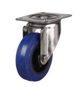 80mm Stainless Steel Swivel, Fixed & Braked Castor with Blue Elastic Rubber/Nylon Wheel