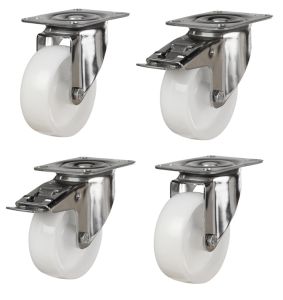 125mm Stainless Steel Swivel & Braked Castors with White Nylon Wheel Set of 4 (750Kg per Set)
