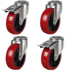 125mm Red Polyurethane Single Bolt Hole Fitting Castors (Set of 4)