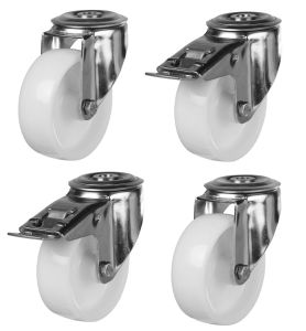 125mm Stainless Steel Single Bolt Hole Fitting Swivel & Braked Castors with White Nylon Wheel Set of 4 (600Kg per Set)