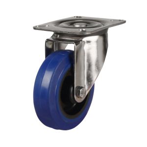 200mm Stainless Steel Swivel, Fixed & Braked Castor with Blue Elastic Rubber/Nylon Wheel (400Kg)
