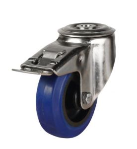125mm Stainless Steel Swivel & Braked Castor with Blue Elastic Rubber/Nylon Wheel Single Bolt Hole Fitting