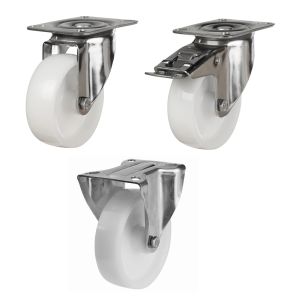 200mm Stainless Steel Swivel, Fixed & Braked Castor with White Nylon Wheel (500kg)