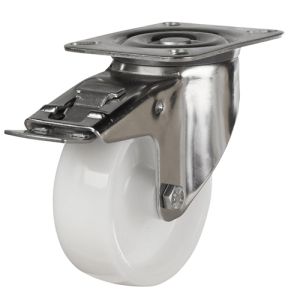 80mm Stainless Steel Swivel, Fixed & Braked Castor with White Nylon Wheel