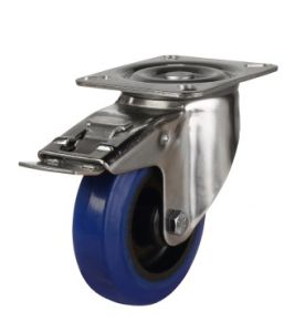 100mm Stainless Steel Swivel, Fixed & Braked Castor with Blue Elastic Rubber/Nylon Wheel