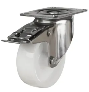 160mm Stainless Steel Swivel, Fixed & Braked Castor with White Nylon Wheel