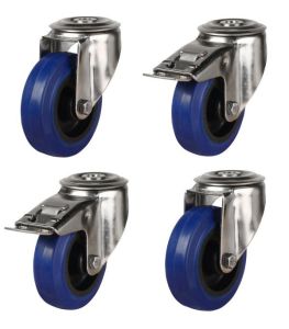 80mm Stainless Steel Single Bolt Hole Fitting Swivel & Braked Castors with Non-Marking Blue Elastic Rubber/Nylon Wheel Set of 4 (210Kg per Set)
