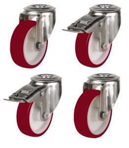 100mm Stainless Steel Single Bolt Hole Fitting Swivel & Braked Castors with Maroon Polyurethane/Nylon Wheel Set of 4 (450Kg per Set)