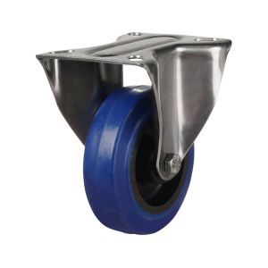 160mm Stainless Steel Swivel, Fixed & Braked Castor with Blue Elastic Rubber/Nylon Wheel (350Kg)