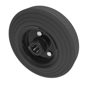 200mm Black Steel Centre, Rubber Tyre Trolley Wheel 1" (25.4mm) Roller Bearing Bore - 200Kg