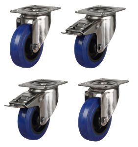 80mm Stainless Steel Swivel & Braked Castors with Non-Marking Blue Elastic Rubber/Nylon Wheel Set of 4 (210Kg per Set)