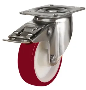 160mm Stainless Steel Swivel, Fixed & Braked Castor with Polyurethane/Nylon Wheel