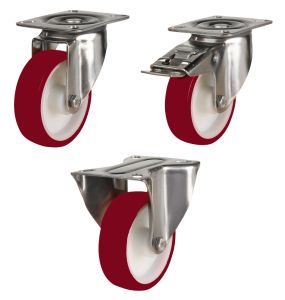 160mm Stainless Steel Swivel, Fixed & Braked Castor with Polyurethane/Nylon Wheel (350Kg)