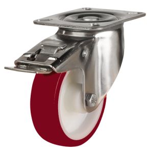 100mm Stainless Steel Swivel, Fixed & Braked Castor with Polyurethane/Nylon Wheel
