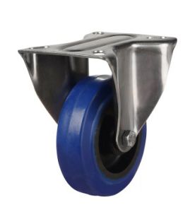 80mm Stainless Steel Swivel, Fixed & Braked Castor with Blue Elastic Rubber/Nylon Wheel