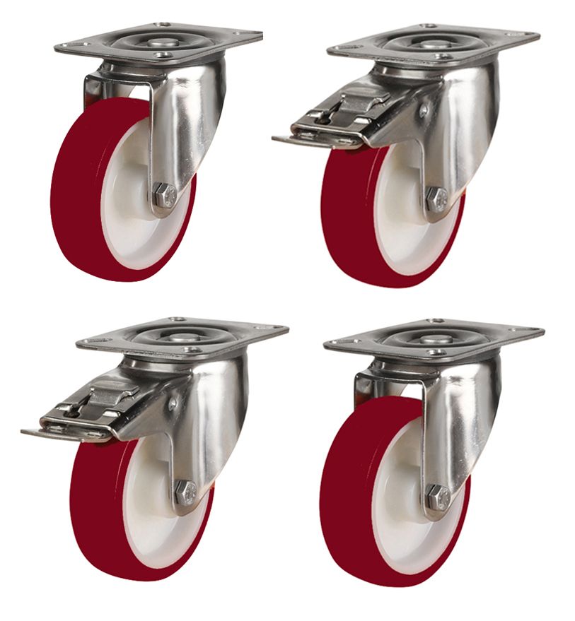 80mm Stainless Steel Swivel & Braked Castors with Non-Marking Maroon Polyurethane/Nylon Wheel Set of 4 (300Kg per Set)