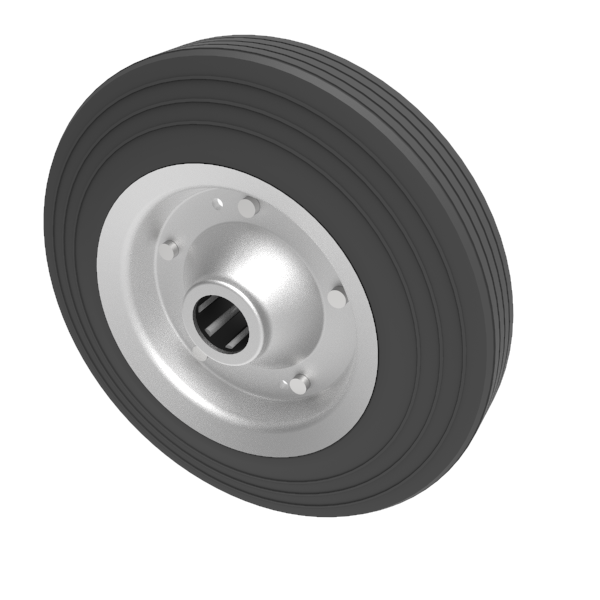 200mm Silver Steel Centre, Rubber Tyre Trolley Wheel 1" (25.4mm) Roller Bearing Bore - 185Kg