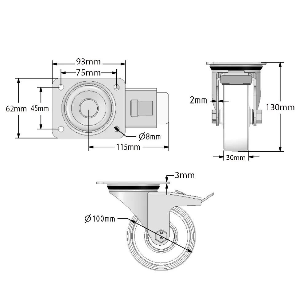 100mm White Polypropylene Castors (Set of 4) 75x45 Bolt Centres (90kg)