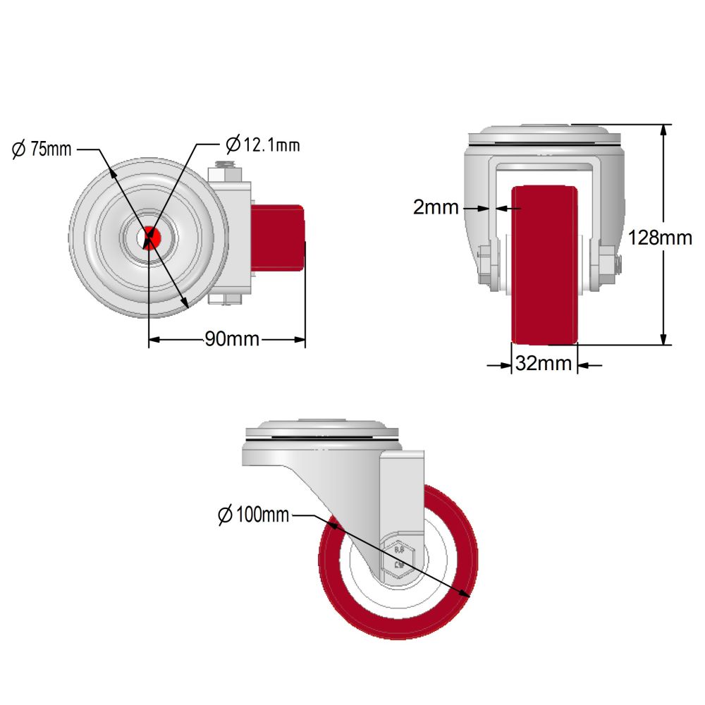 100mm Stainless Steel Single Bolt Hole Fitting Swivel & Braked Castors with Maroon Polyurethane/Nylon Wheel Set of 4 (450Kg per Set)