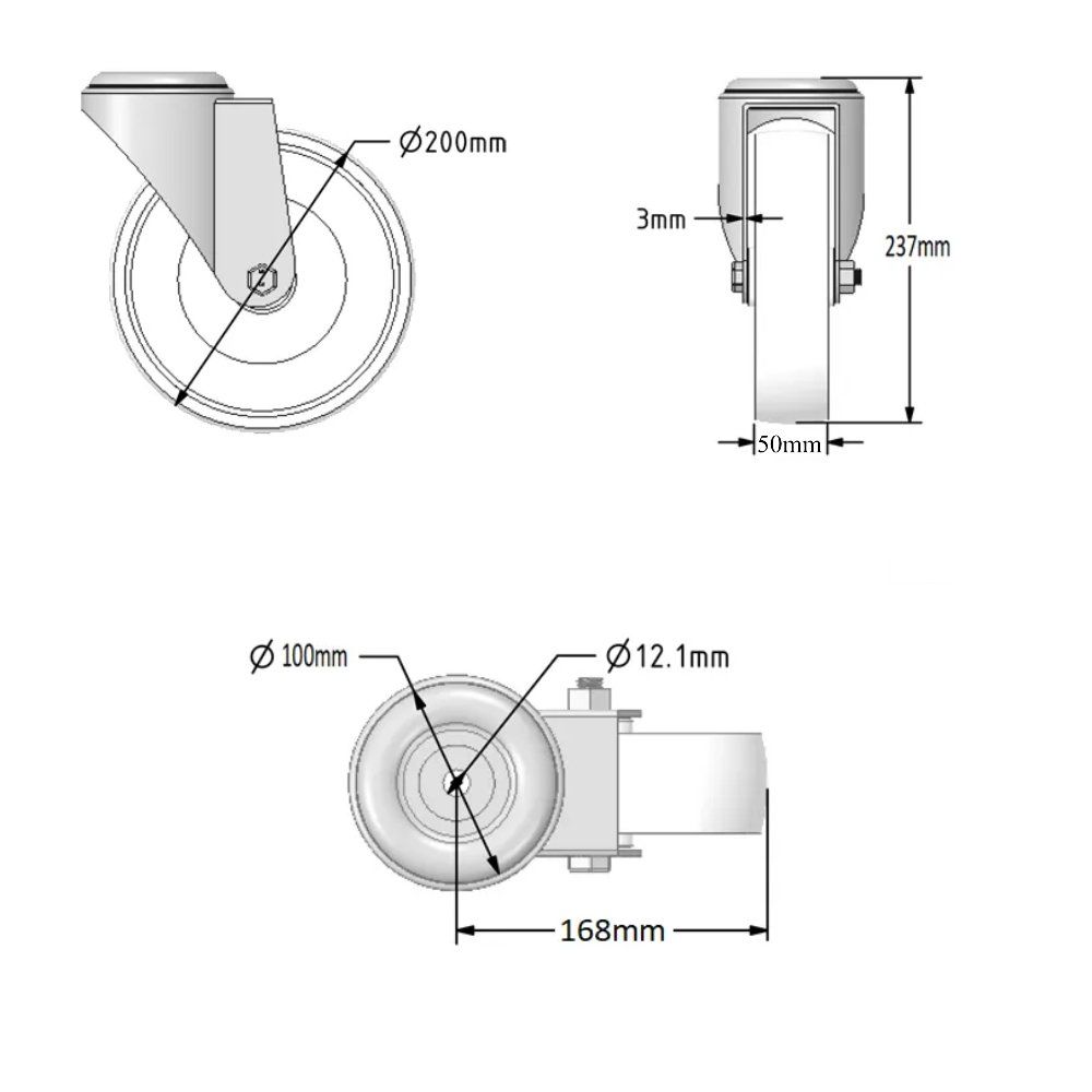 200mm Pneumatic Swivel Steel Centred M12 Single Bolt Hole Castors (200x50 TYRE - 4 PLY) 75Kg