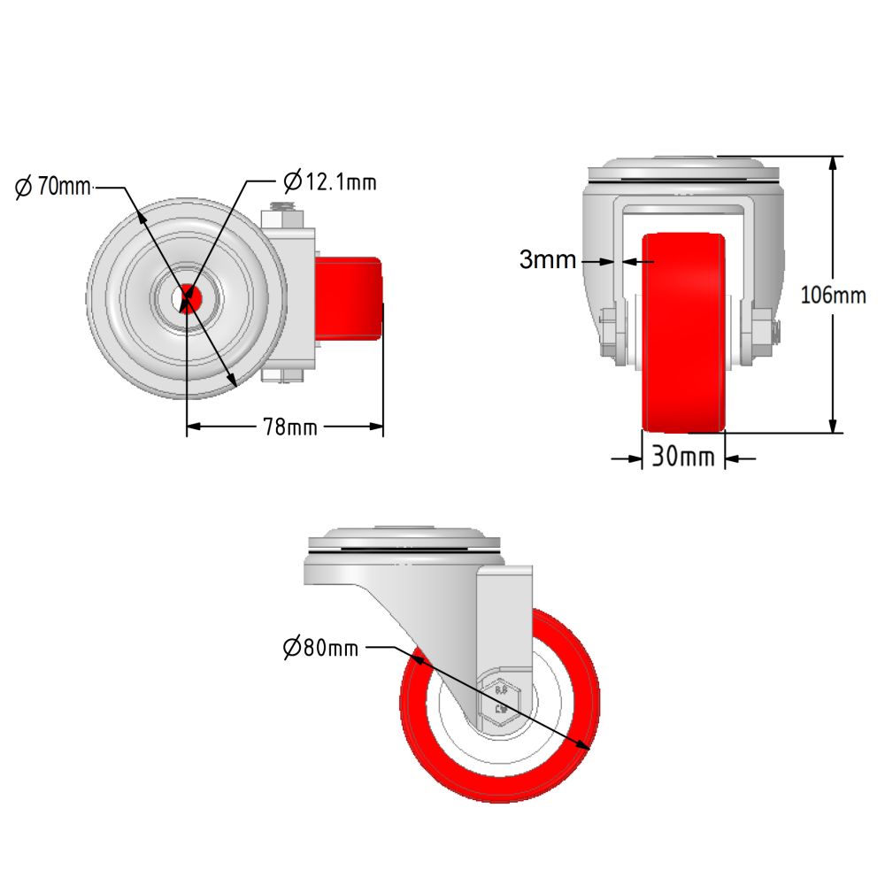 80mm Red Polyurethane Single Bolt Hole Fitting Castors (Set of 4)