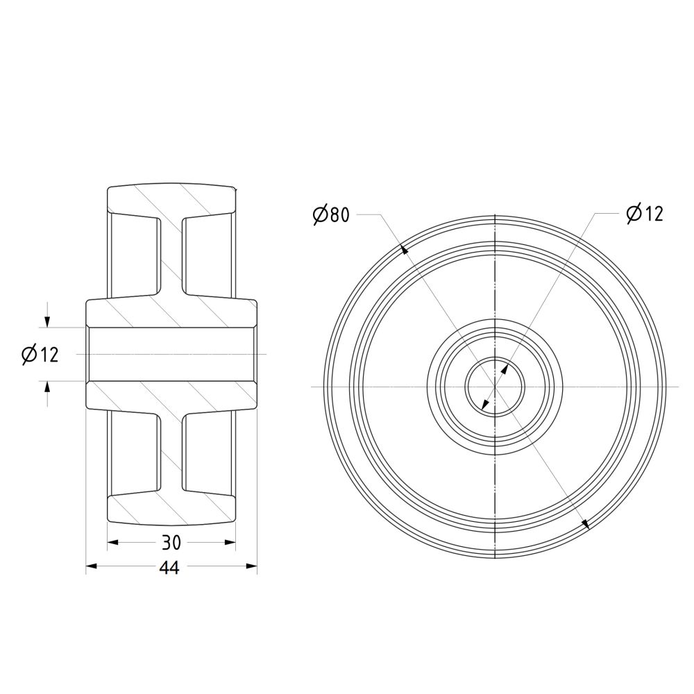 80mm High Temp Polymer Glass Fibre ﻿Wheel 12mm Plain Bore (260 °C)