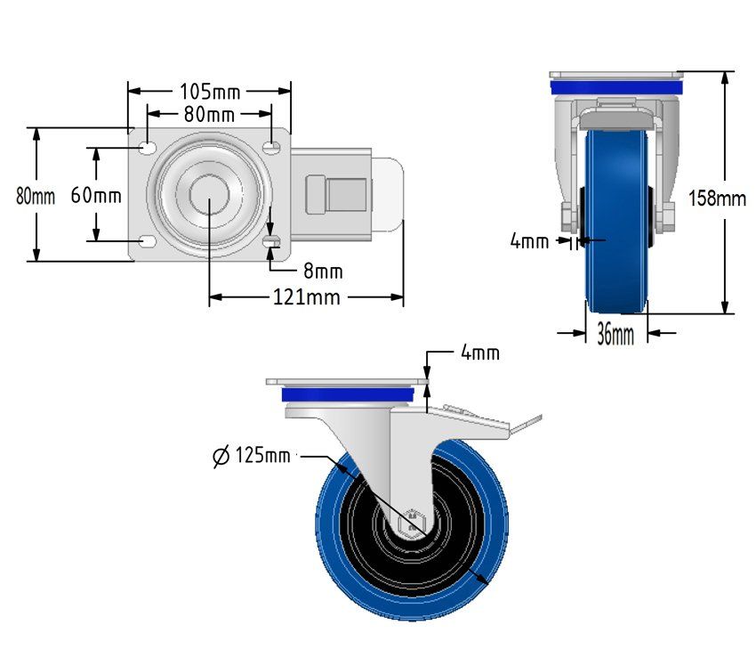 Special Offer - 125mm Heavy Duty Swivel/Brake Castor with Blue Elastic Rubber Wheel (250KG) Normal Price £16.95 + Vat.