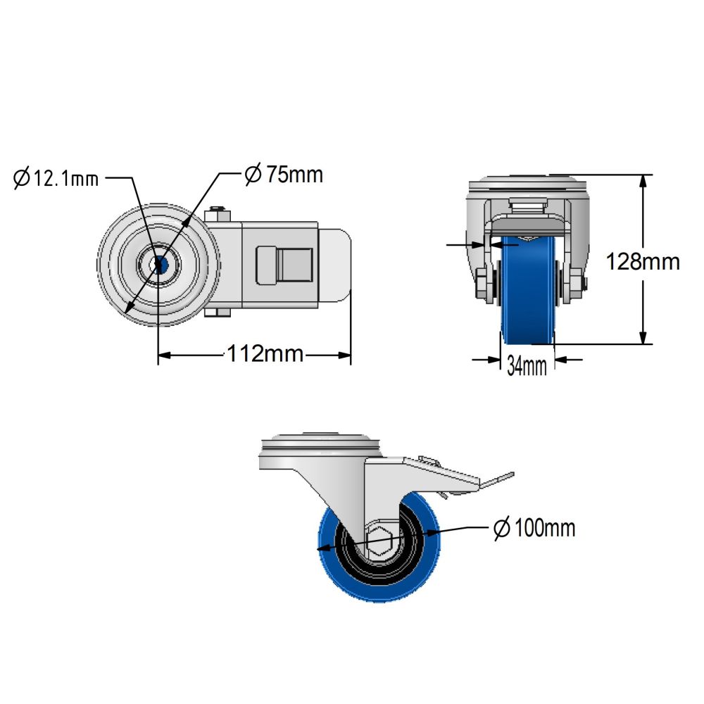 100mm Stainless Steel Single Bolt Hole Fitting Swivel & Braked Castors with Non-Marking Blue Elastic Rubber/Nylon Wheel Set of 4 (210Kg per Set)