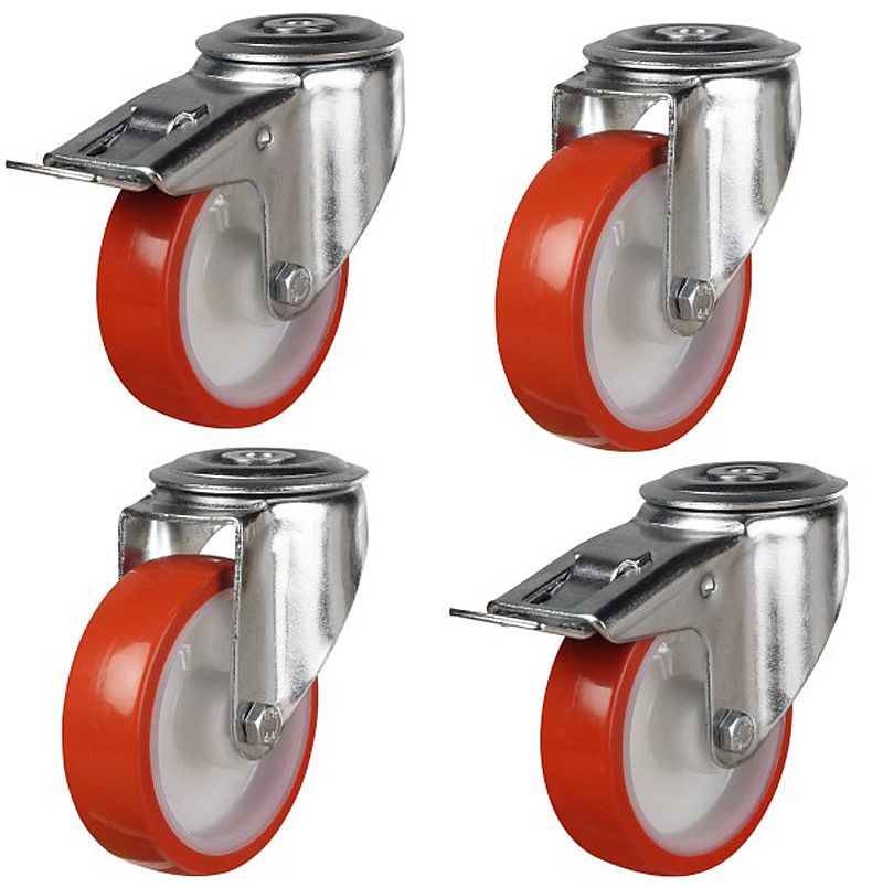 80mm Red Polyurethane Single Bolt Hole Fitting Castors (Set of 4)
