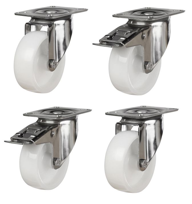 100mm Stainless Steel Swivel & Braked Castors with White Nylon Wheel Set of 4 (600Kg per Set)