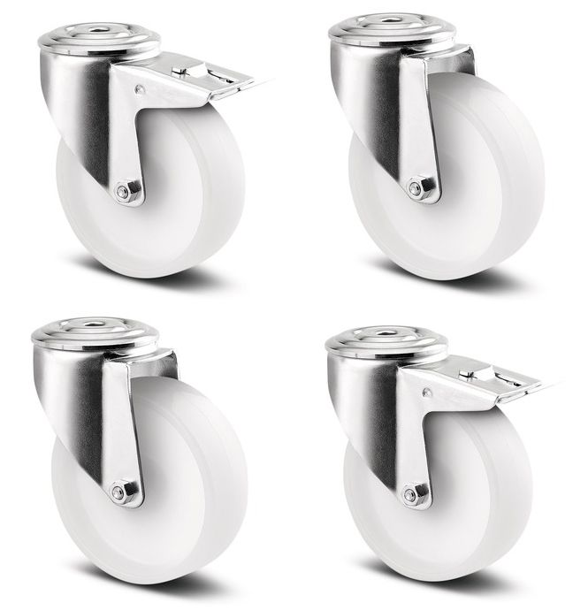 80mm White Nylon Single Bolt Hole Fitting Castors (Set of 4)