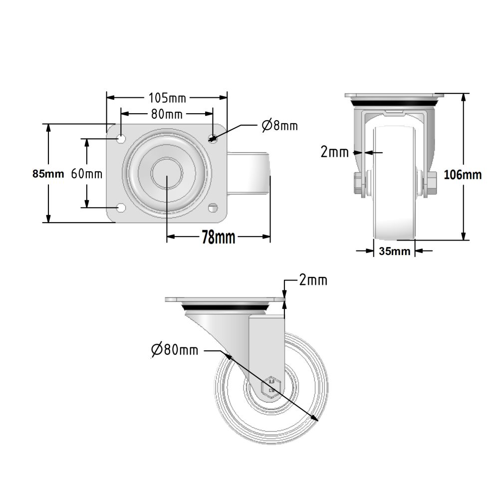 80mm White Nylon Castors (Set of 4)