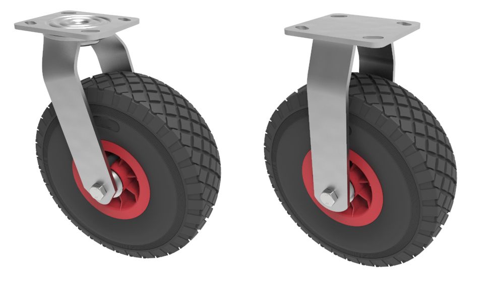260mm Pneumatic Plastic Centred Swivel & Fixed Castors (Large Plate) 136KG