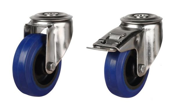 80mm Stainless Steel Swivel & Braked Castor with Blue Elastic Rubber/Nylon Wheel Single Bolt Hole Fitting