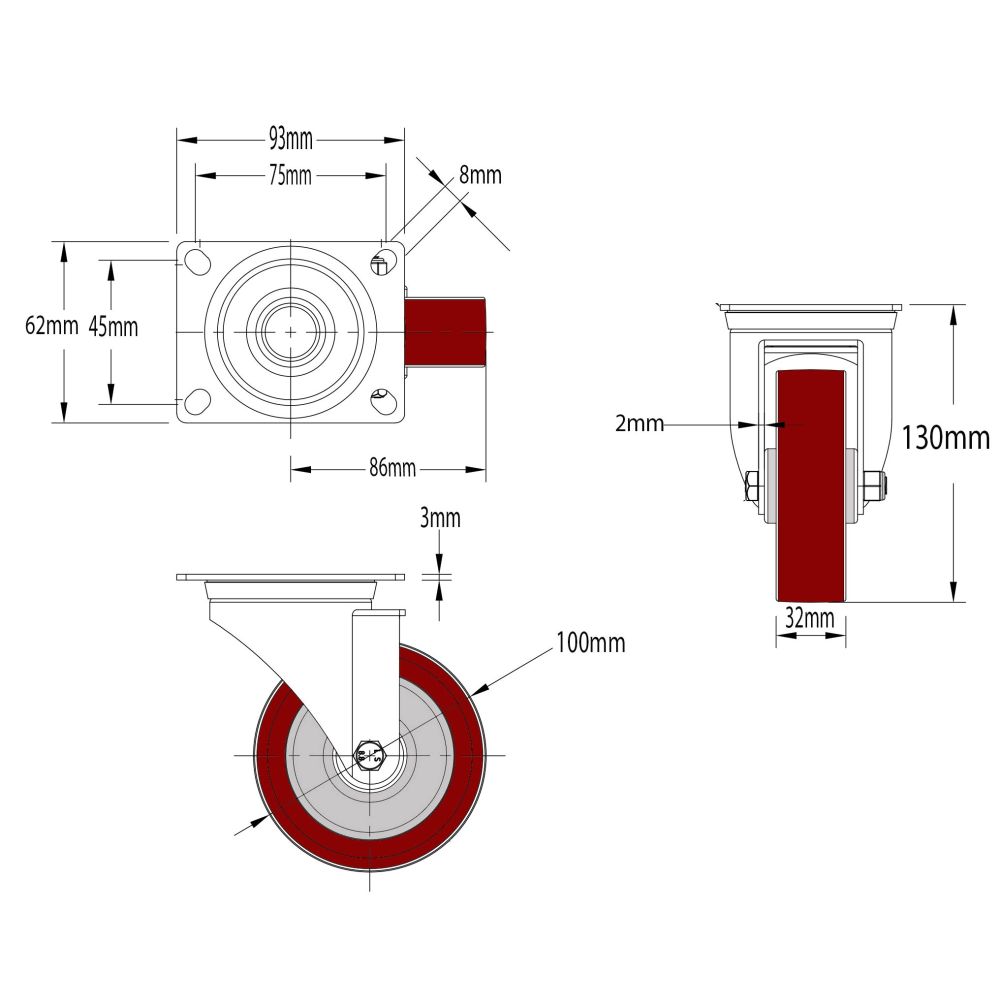 100mm Red Polyurethane Castors (Set of 4) 75x45 Bolt Centres (90kg)