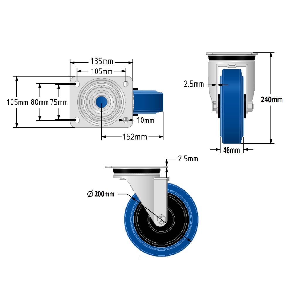 200mm Stainless Steel Swivel & Braked Castors with Non-Marking Blue Elastic Rubber/Nylon Wheel Set of 4 (1200Kg per Set)