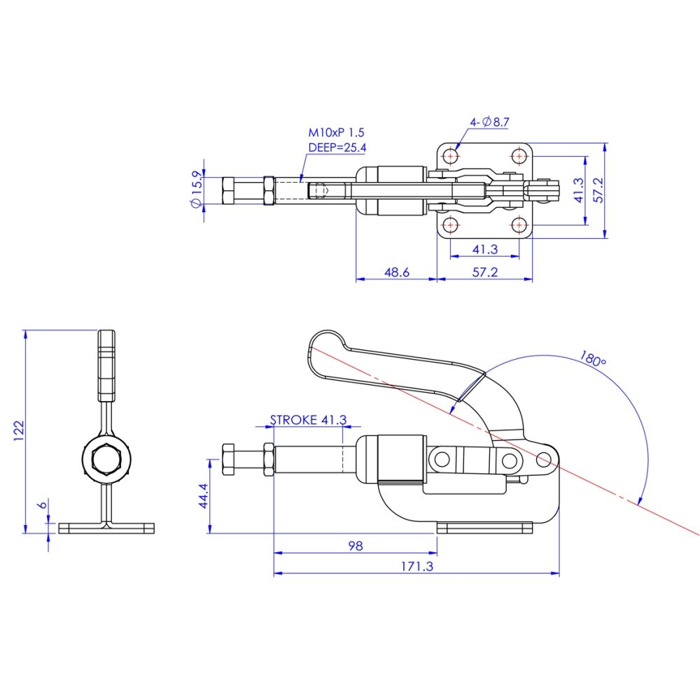 PUSH/PULL TOGGLE CLAMP SCENERY BRAKE WITH ADJUSTABLE RUBBER FOOT SPINDLE