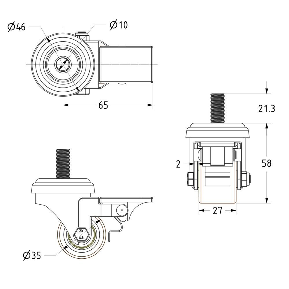 Swivel 35mm Polyurethane M10 Bolt Hole (LOW LEVEL)