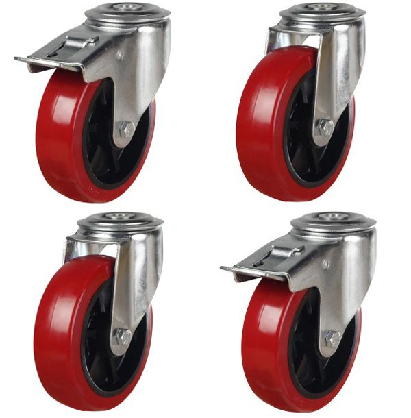 125mm Red Polyurethane Single Bolt Hole Fitting Castors (Set of 4)