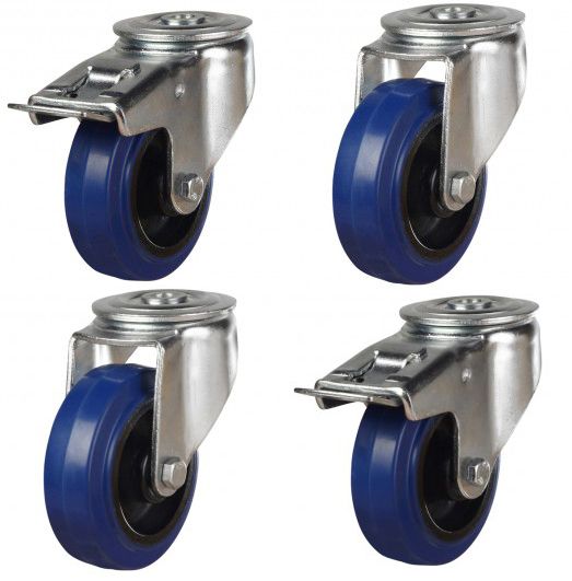 100mm Blue Elastic Rubber Single Bolt Hole Fitting Castors (Set of 4)