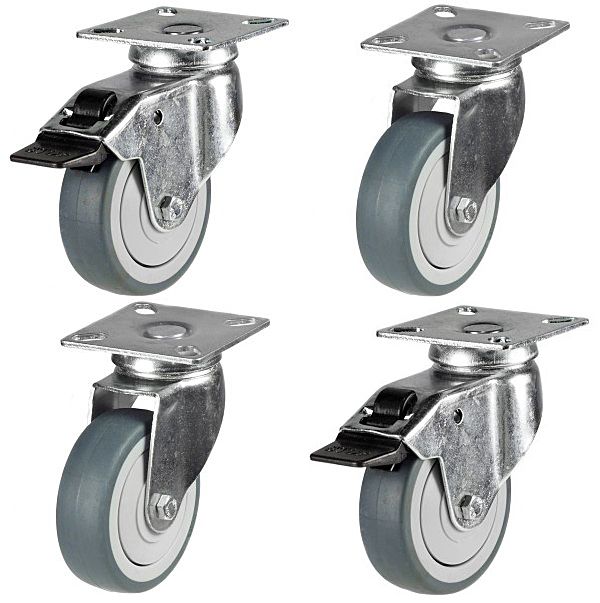 50mm Grey Rubber Non-Marking Apparatus Plate Fitting Castors (Set of 4)