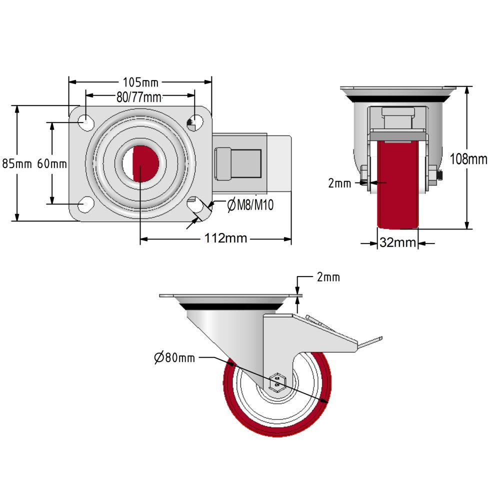 80mm Stainless Steel Swivel & Braked Castors with Non-Marking Maroon Polyurethane/Nylon Wheel Set of 4 (300Kg per Set)
